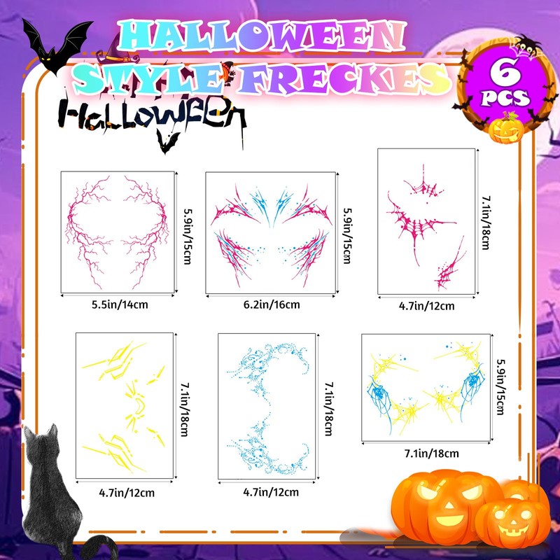 6 Pcs Glow in Dark Freckles Face Tattoo Halloween UV
