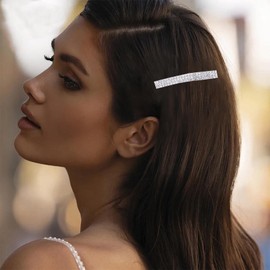 Yheakne Boho Crystal Hair Clip Pin Silver Cz Bar Hair Pin Barrette Vintage Hair Barrette Pins Decorative Bobby Pin Rhinestone Bar Hairclip Shine Bride Hair Accessories for Women and Girls (Silver B)