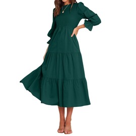 BTFBM Women Casual Long Sleeve Dress Fall Dresses 2024 Solid Color Relaxed Fit Smocked Tiered Flowy Boho Long Dresses(Solid Dark Green,Medium)