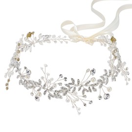 SWEETV Crystal Bridal Headpiece Silver Wedding Headband for Brides Pearl Hair Vine Rhinestone Hair Accessories for Women
