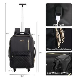 Tilami Rolling Backpack for Women, Carry on Laptop Backpacks with Wheels, 40L Roller Backpack for Travel,Black