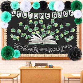 Qilery 83 Pcs Bulletin Board Set Welcome Back The Books Missed You Bulletin Board Decoration Cutout Back to School Classroom Decoration for Home School Library (Greenery)