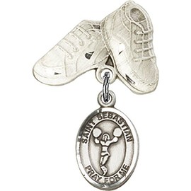 Sterling Silver Baby Badge with St. Sebastian/Cheerleading Charm and Baby Boots Pin 1 X 5/8 inches