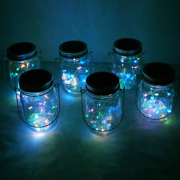 Solar Mason Jar Lights, 6 Pack 10 LED Jar Lid String Lights with 6 Hangers(No Jars), Waterproof Fairy Firefly Light for Garden, Patio, Outdoor, Yard, Lawn Decor(4 Colors)