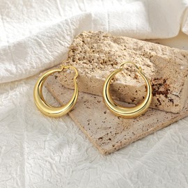 WATEFOER Chunky Gold Hoop Earrings for Women, 18K Gold-Plated Thick Huggie Oval Hoop Earrings, Hollow Tube Hoop Earrings, Hypoallergenic, Lightweight Hoops, Jewellery Gifts for Valentine's Day