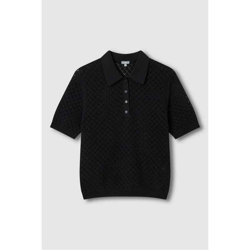 JAJU Women's Crochet Collar Short Sleeve Knit_Black