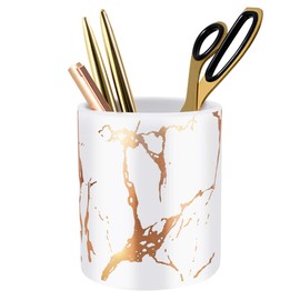 WAVEYU Pen Holder, Pencil Holder for Desk, Marble Desk Organizer Cute, Durable Ceramic Pencil Cup, Decorative Makeup Brush Holder Cup, Stationery Holder for Office, School, Home, White Golden