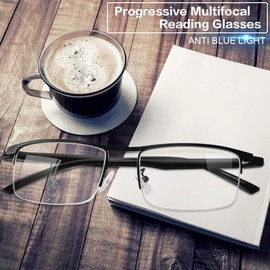 LJIMI Progressive Multifocus Reading Glasses Anti Blue Light No Line Multifocal Computer Readers for Men and Women Anti Eye Strain/Glare/UV Filter Eyeglasses Semi-Rimless Eyewear Safety Goggles