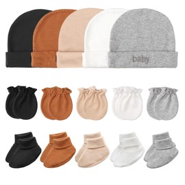 DRESHOW Newborn Baby Hat Mittens Socks Set Infant Cotton Beanie Gloves No Scratches Thick Warm Socks Baby Boys Girls 0-6 Months, 5 Sets B: Hat + Mittens + Socks, Unit size