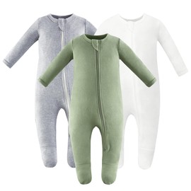 Owlivia Organic Cotton Baby Pajamas, Boys Girls 3-Pack Zip Front Sleep 'N Play, Footed Sleeper, Long Sleeve(0-3 Months, Olive&Grey&Ivory White)
