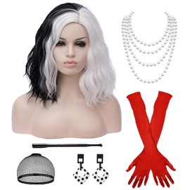 Mildiso Cruella Deville Costume Women Girls Dalmatian Costume Cruella Deville Wig with Gloves Necklace Earrings Short Black and White Wig Curly Wavy Wig with Accessories M127BW