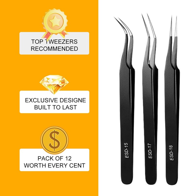 Tweezers 12 Pack, Precision Tweezer Set for Women, Stainless Steel