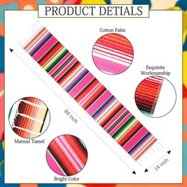 Mexican Table Runner, Mexican Fiesta Party Decorations, 14"x84" Fiesta Table Runner Cinco De Mayo Party Decorations, Boho Colorful Striped Runner Cotton Blanket Mexican Theme Party Supplies, Hot Pink