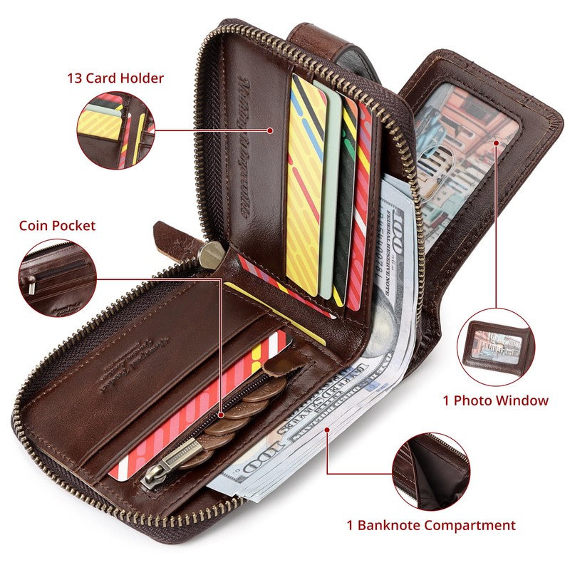 HUMERPAUL Zipper Wallets for Men, Genuine Leather RFID Blocking Bifold