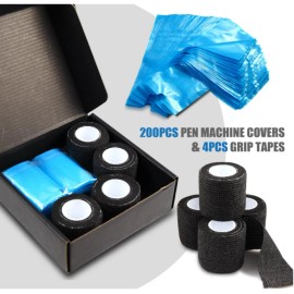 Bysiter 200pcs Tattoo Pen Machine Covers & Grip Tapes, 4pcs Self-Adhesive Sleeves, 7.5x2