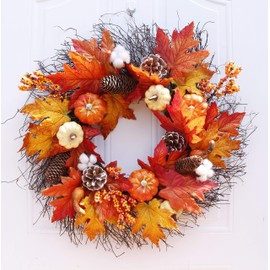 Abbie Home 22" Harvest Fall Wreath - Pumpkin Maple Wreaths, Pinecone Cotton Berries Grapevine Twig Wreath for Fall Thanksgiving Front Door Mantel Window Seasonal Wall Home Decoration