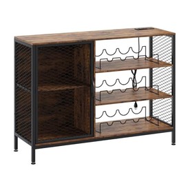 GarveeHome 42" Industrial Coffee Bar Cabinet with Led Lights and Power Outlets, Wood Liquor Cabinet w/Doors, Glass Holders & Storage, Mini Coffee Bar for Home Dining Living Room, Rustic Brown