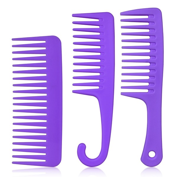 UREELIN 3PCS Wide Tooth Comb and Large Detangler Comb, Shower Comb with Hook,Hair Comb for Textured 3a to 4c Curly/Wet/Dry/Long/Thick Hair（Purple)