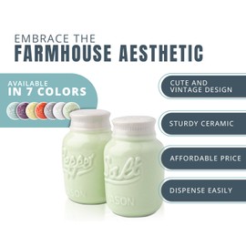 Vintage Mason Jar Salt & Pepper Shakers by Comfify - Adorable Decorative Mason Jar Decor for Vintage, Rustic, Shabby Chic - Sturdy Ceramic in Green - 3.5 oz. Capacity