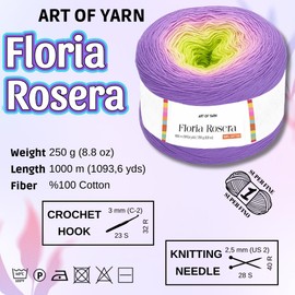 Art of Yarn Floria Rosera 100% Cotton Yarn - 250g (8.80oz), 1094 Yards - Vibrant Multicolor Rainbow Yarn for Crochet, Knitting, Amigurumi & Crafts - Ideal for Spring & Summer Projects 99312