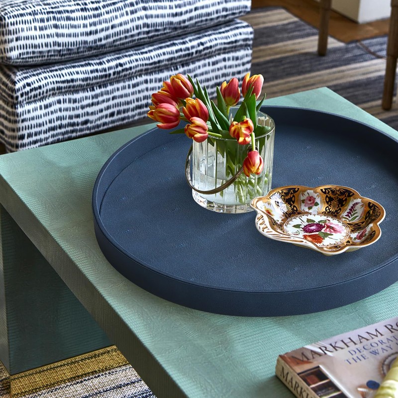 HofferRuffer Large Round Serving Tray 24'', Elegant Faux Leather Circle