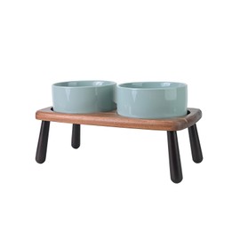 SPUNKYJUNKY Ceramic Elevated Dog Bowls Raised with Acacia Bamboo Wooden Stand, 6.1'' Dog Cat Food Water Bowls Set Non-Slip for Small Medium Sized Breed Microwave Dishwasher Safe - 28.7 OZ,Light Green