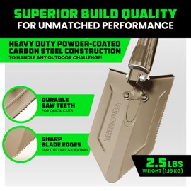 RHINO USA Folding Survival Shovel w/Pick - Heavy Duty Carbon Steel Military Style Entrenching Tool for Off Road, Camping, Gardening, Beach, Digging Dirt, Sand, Mud & Snow - Tan