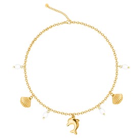 Ctarlitu Shell Necklace For Women 14k Gold Plated Beach Charm Necklace Starfish SeaShell Pearl Pendant Stainless Steel Adjustable Chian For Beach Summer Jewelry