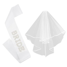 Bride To Be Sash White Wedding Veil, Bride Pearl Satin Sash Veil Set Bachelorette Party Favors Accessories for Bridal Showers Engagement Party Decorations