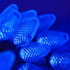 C7 LED Faceted Blue Prelamped Light Set, Green Wire - 25 C7 Blue LED Christmas Lights, 8" Spacing