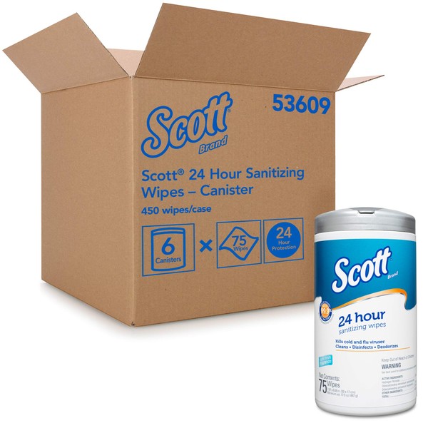 Scott 24 Hour Sanitizing Wipes – Multi-Surface Cleaning & Disinfecting, Continuous Sanitization for 24 Hours – (53609), 6 Canisters x 75 Count, 450 Wipes
