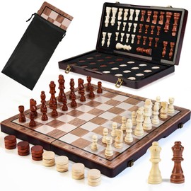2 in 1 Magnetic Wooden Chess Set & Checkers Board Game, 15’’ Folding Chess Board with Pieces Storage Slots, 2 Extra Queens, Portable Travel Chess Set for Kids Adults Beginner Age 3+