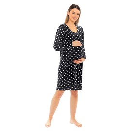 Nikaro Ladies Long Sleeve Elastic Soft Maternity Nightdress Polka Dot Button Through 100% Cotton Nightie Dress (12-14) Black