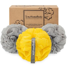 myHomeBody Large 70 g Loofah Sponge, Body Scrubber, Bath Sponge, Gentle Exfoliating Sponge, Body Cleansing and Shower Sponge with Activated Carbon, 2 Ultimate Grey + 1 Illuminating Yellow, Pack of 3