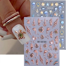 Summer Nail Art Stickers Decals Ocean Theme Nail Decals 2PCS Self-Adhesive Fish Seashell Seahorse Jellyfish Starfish Nail Design Stickers Blue Gold Nail Supplies for Women Nail Art Decorations