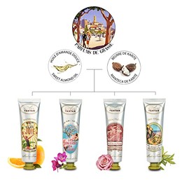 Un Air d'Antan Juego de regalo de crema de manos de San Valentín, 4 piezas (8 onzas), juego de regalo de loción para mujer, juego de crema de manos con manteca de karité, aceite de almendras dulces, incluye aromas de verbena, lirio del valle, rosa, almendra