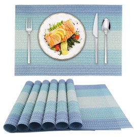Placemats Set of 6 for Dining Table,Washable Heat Resistant Non-Slip PVC Vinyl Woven Kitchen Table Place Mats for Home Kitchen Restaurant Christmas Party Decoration (#Blue, 6,)