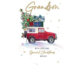 Grandson Red Jeep Embellished Christmas Card Hand-Finished Champagne Cards XCDC378