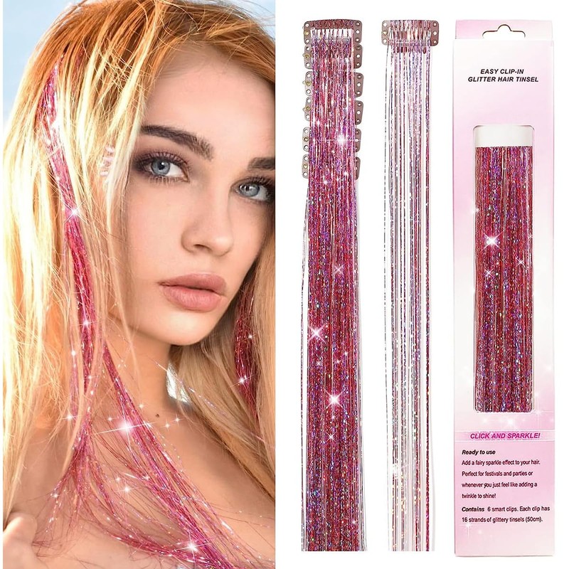HASTHIP® 6 extensiones de cabello con purpurina y clip, color
