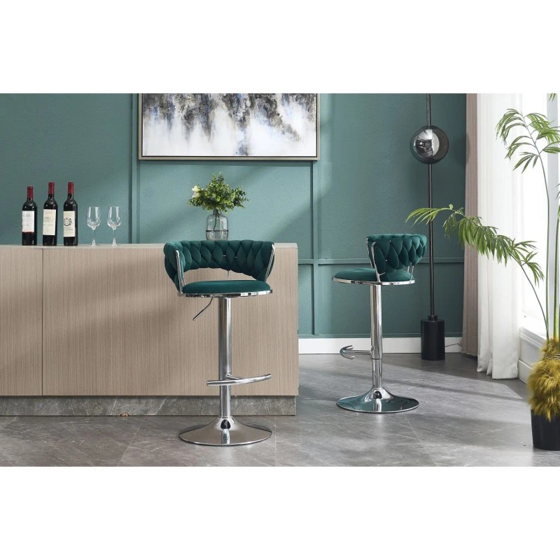 Set 2 Green Bar Stools Chrome Footrest Simple Chrome Leg