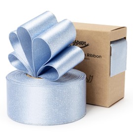 Keypan Light Blue Satin Wired Ribbon 1-1/2 Inch Double-Faced Sliver Glitter Christmas Ribbons for Wreath, Tree Decoration, Gift Wrapping, Home Decor 10 Yards