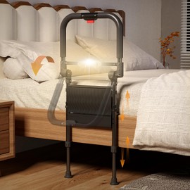 Foldable Bed Rails for Elderly, Height Adjustable Safety Assist Rail with Sensor Light and Storage Pocket, Bedside Guardrails for Twin Full Queen King Beds, Ideal for Seniors and Pregnancy (black)