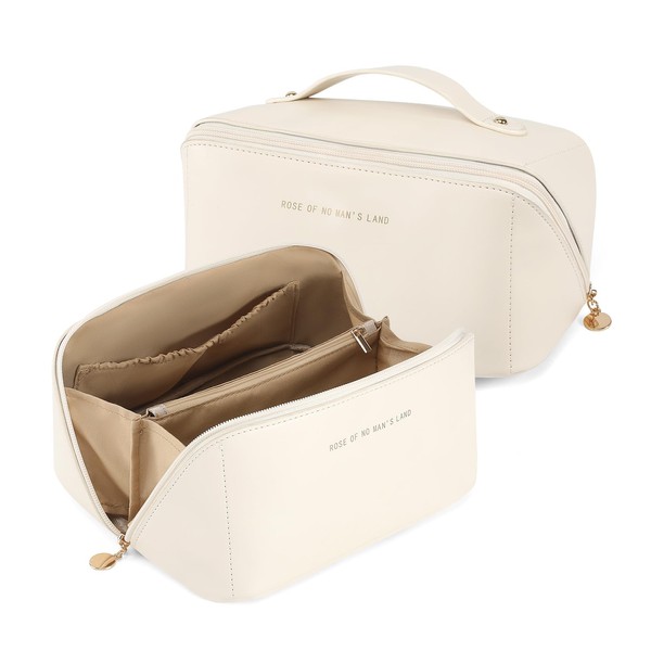 Omnpak Cosmetic Bag Women's Make Up Bag Travel Cosmetic Case PU Leather Make Up Organiser Bag Cosmetic Bag Large Capacity Waterproof, White
