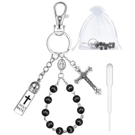 Blushtier Holy Water Rosary Keychain with Small Glass Bottle Vial Crucifix and Eyedropper for Catholic Christian Gifts(Black)