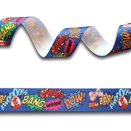 2 Yards (1.82 metres) Comic Book Zap Pow Bam Blue Grosgrain Ribbon 25mm Wide, Ideal for Craft Projects, Scrapbooking, DIY Hair Bows, Present Wrapping etc.