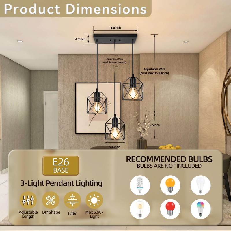 ROCUNSI 3-Light Hanging Pendant Light Fixtures, Farmhouse Kitchen Island Light