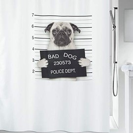 Spirella Anti-Mould Shower Curtain - Anti-Bacterial, Washable, Waterproof, Polyester, "Bad Dog Pugs" 180 x 180 cm, White