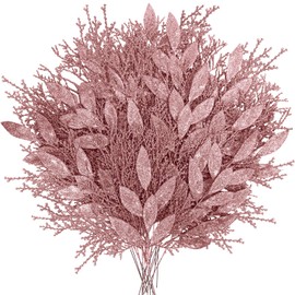 Winlyn 30 Pcs Christmas Artificial Bay Leaf Picks Cedar Sprays Rose Gold Glittered Christmas Tree Ornament Picks Winter Floral Stems for Rose Gold Christmas Tree Seasonal Wreath Wedding Centerpiece