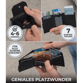 KORUTA® Slim Wallet with RFID Protection - Card Holder - Mini Wallet for Men and Women - Credit Card Holder Money Clip Wallet Small Wallet, carbon black, With XL coin compartment