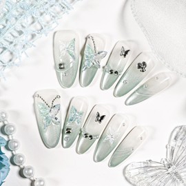 JODSONE Press on Nails Butterfly Almond Shape Cat Eye Handmade 3D Fake Nail Tips Reuseable Fashionable Design Long Lasting Fit Easy to Create Exquisite Fingertips- Medium